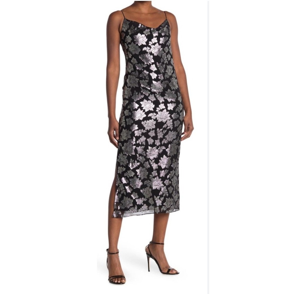 Club Monaco Floral‎ Midi Dress Black Silver Spaghetti Strap Size 2 Party